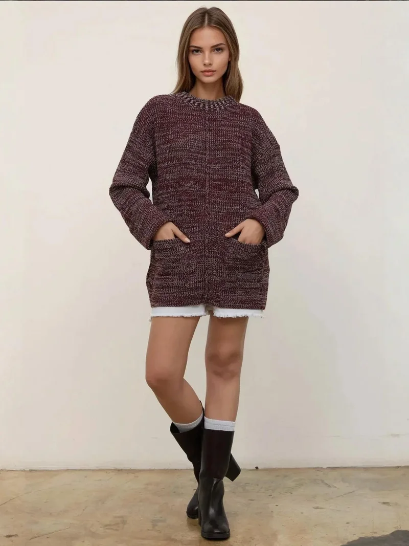 هيكاب كنزة صوف طويلة محبوكة بجيوب بقصة مريحة