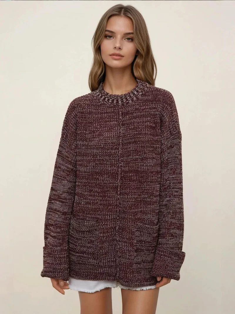 HICCUP Relaxed Fit Textured Long Knit Sweater with Pockets