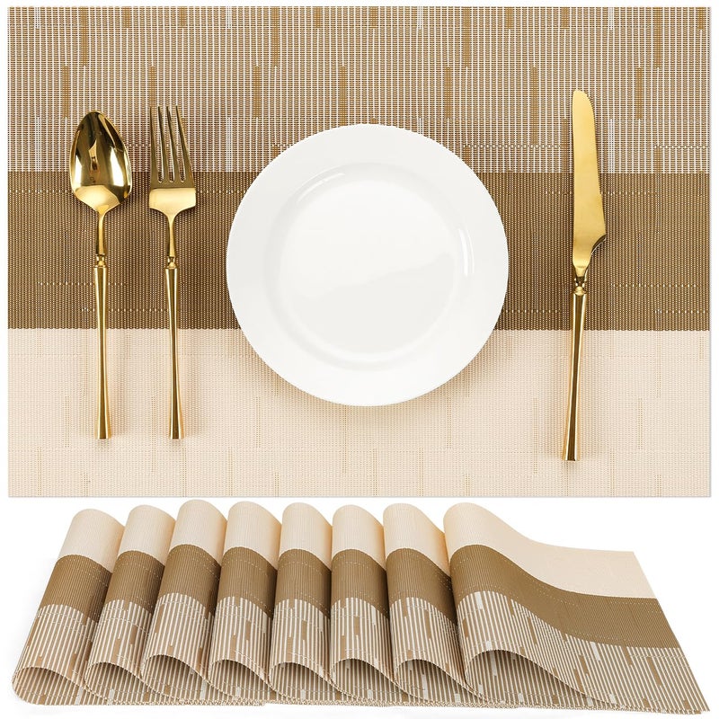 Chitomars Placemats Set of 8, Vinyl Woven Place Mats Indoor Set of 8 Washable Wipeable PVC Table Mats Heat-Resistant Non Slip Placemat for Kitchen Dining Outdoor Table (Beige Light Brown, Set of 8) - Image 1