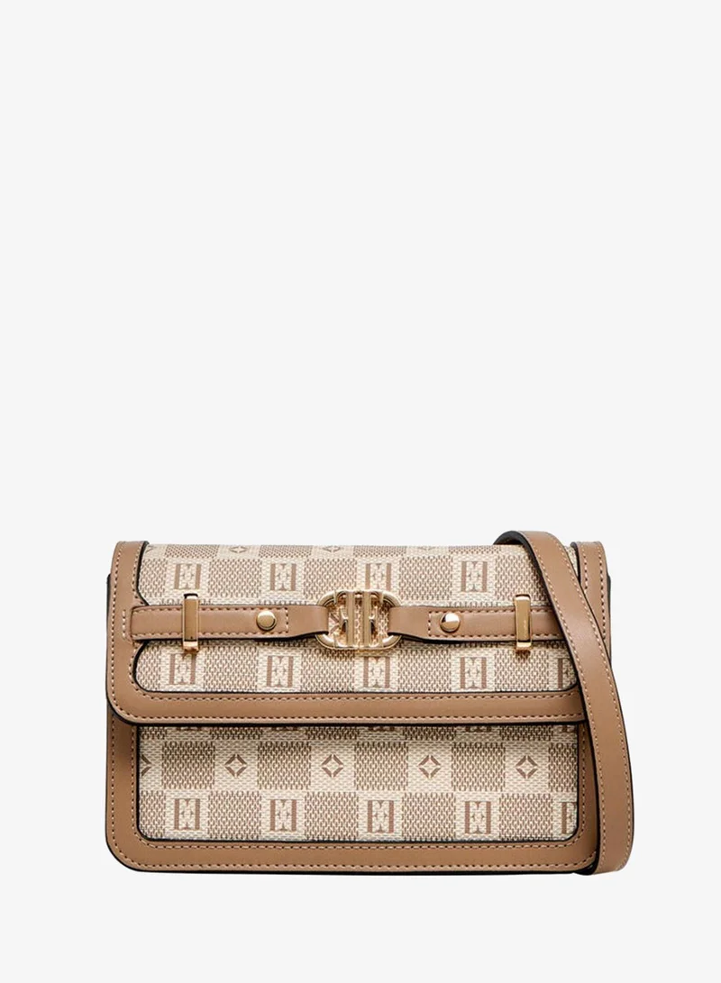 ELLE Monogram Print Crossbody Bag with Adjustable Strap and Flap Closure