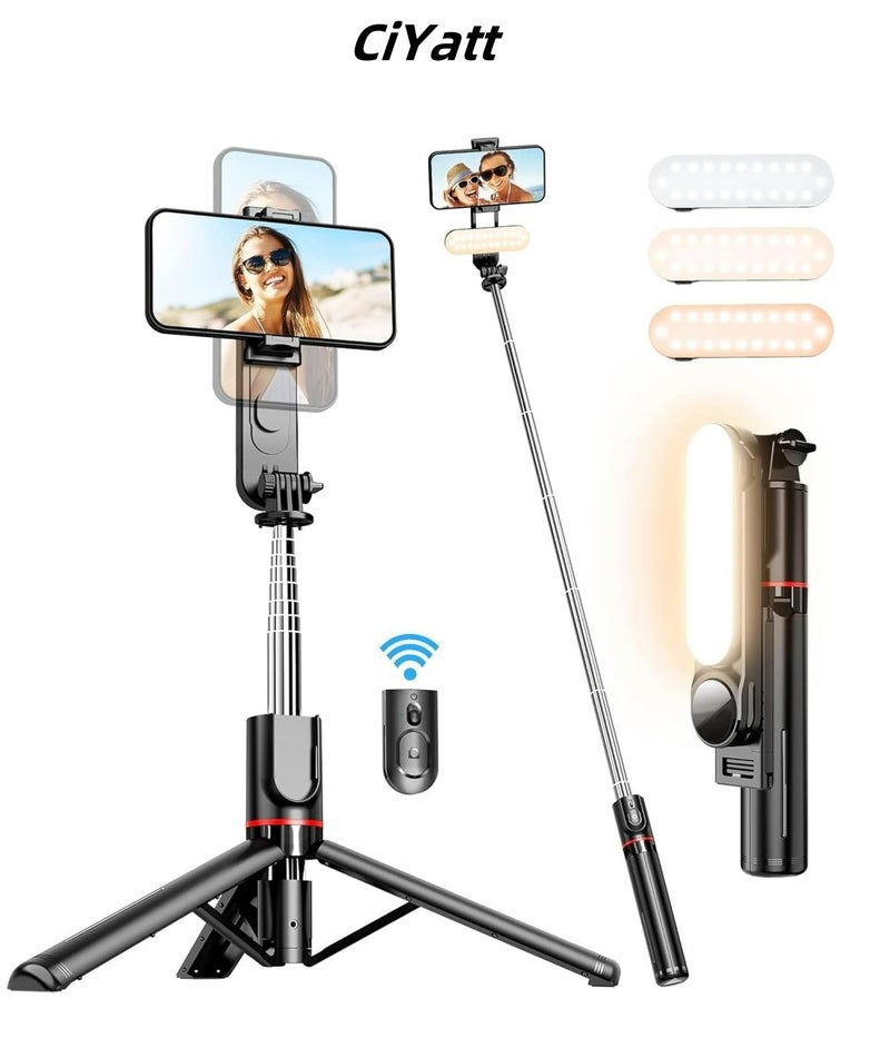 CiYatt 44.88(114cm)Selfie Stick Tripod, Extendable Tripod with Rechargeable Bluetooth Remote,Removable fill light， Compatible with iPhone and Android Smartphones, Perfect for Travel, Vlog, Video and Photo, Black - Image 1