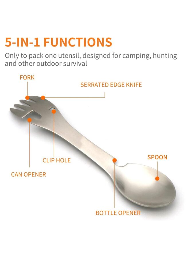 5-in-1 Utility Tactical Spork, 2-Pack Stainless Steel Spoon & Bottle Opener, Fork & Knife, Camping or Backpacking (Black & Matte Silver) - Image 3