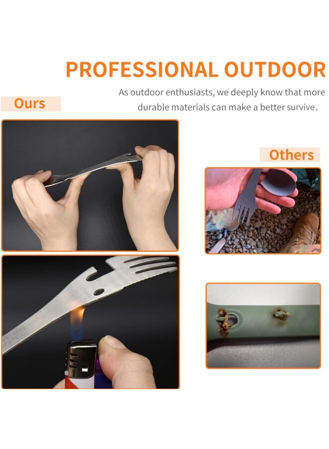 5-in-1 Utility Tactical Spork, 2-Pack Stainless Steel Spoon & Bottle Opener, Fork & Knife, Camping or Backpacking (Black & Matte Silver) - Image 4