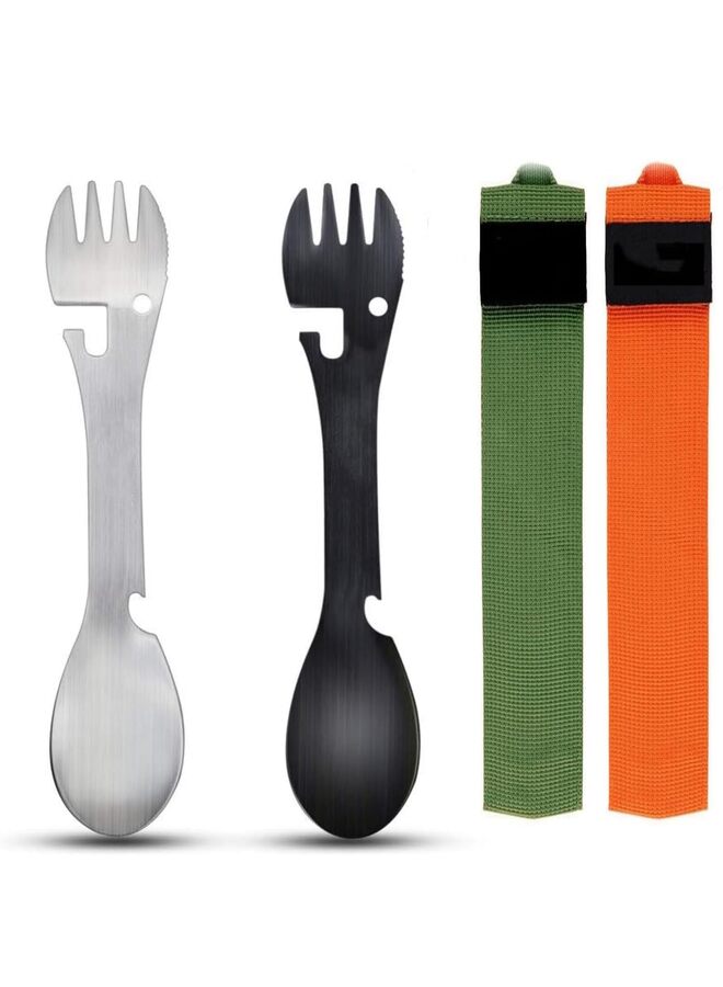 5-in-1 Utility Tactical Spork, 2-Pack Stainless Steel Spoon & Bottle Opener, Fork & Knife, Camping or Backpacking (Black & Matte Silver) - Image 1