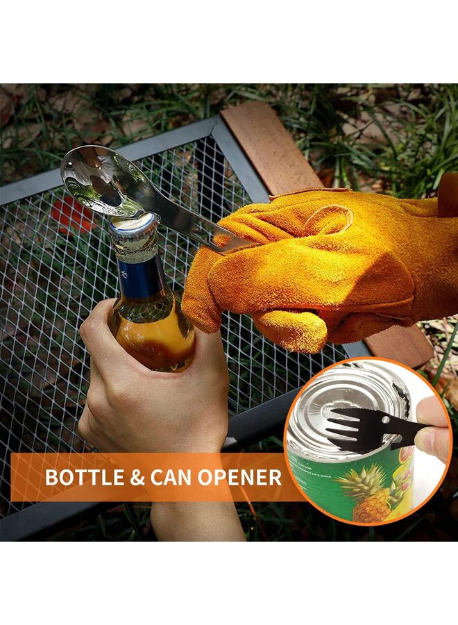 5-in-1 Utility Tactical Spork, 2-Pack Stainless Steel Spoon & Bottle Opener, Fork & Knife, Camping or Backpacking (Black & Matte Silver) - Image 5