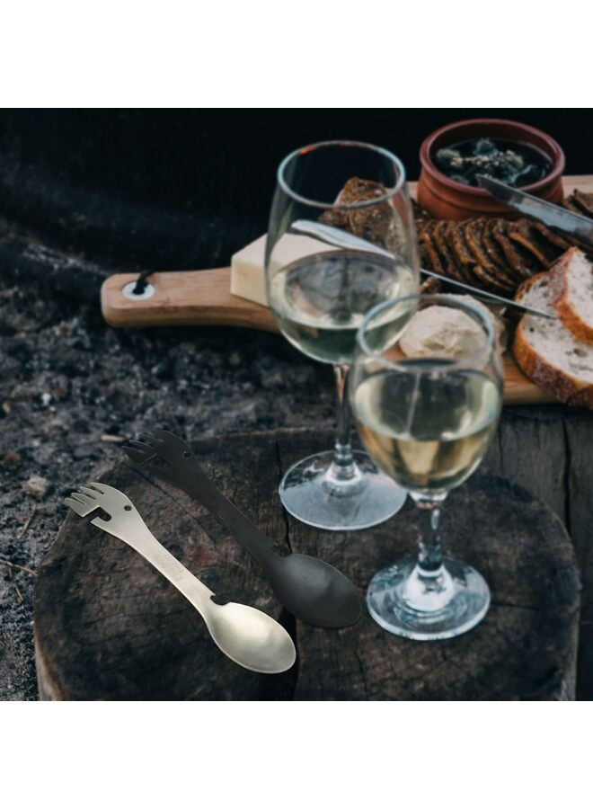 5-in-1 Utility Tactical Spork, 2-Pack Stainless Steel Spoon & Bottle Opener, Fork & Knife, Camping or Backpacking (Black & Matte Silver) - Image 2