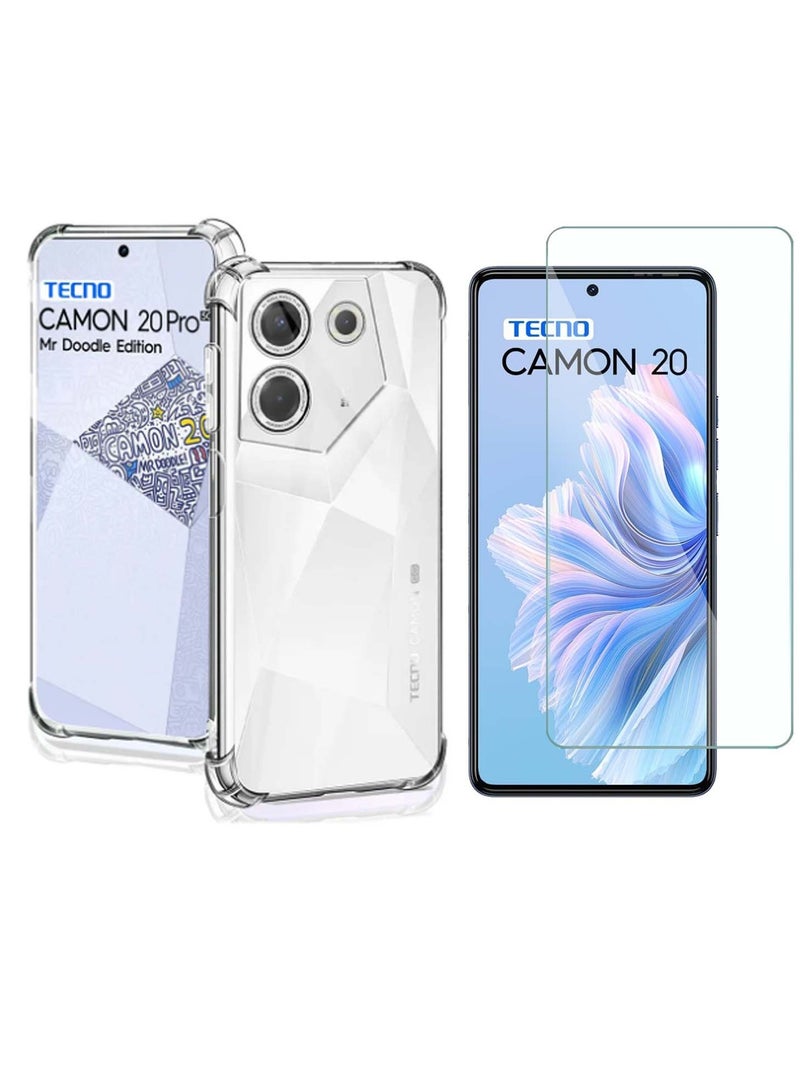 Techie مجموعة حافظة وواقي شاشة لهاتف Tecno Camon 20 Pro 5G 2 في 1 - حافظة شفافة من مادة TPU مع واقي شاشة من الزجاج المقوى عالي الدقة - Image 1