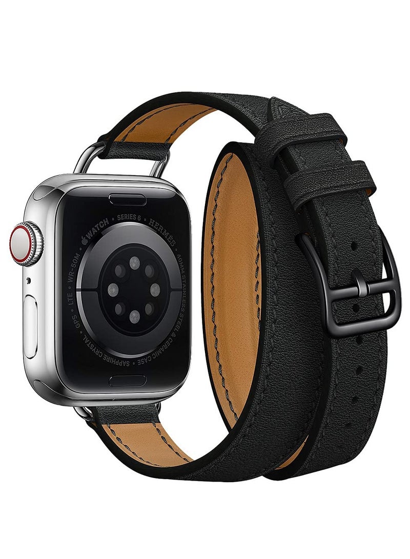 Excefore Leather Women Double Tour Slim Wristband, Compatible with Apple Watch Band 38/40/41mm 42/44/45mm for iWatch SE Series 7/6/5/4/3, Black - Image 3