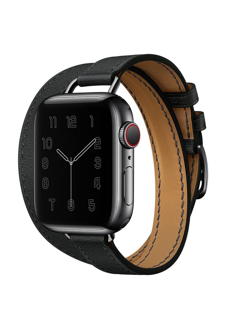 Excefore Leather Women Double Tour Slim Wristband, Compatible with Apple Watch Band 38/40/41mm 42/44/45mm for iWatch SE Series 7/6/5/4/3, Black - Image 2