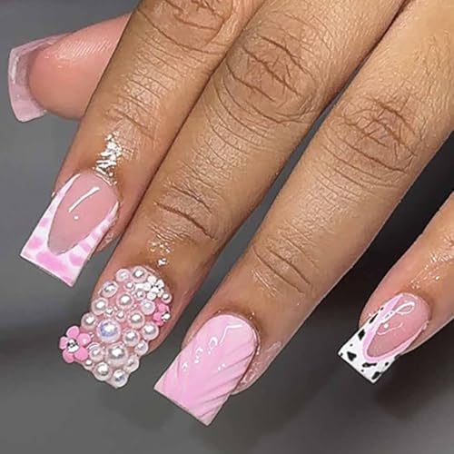 Foccna French Press on Nails Medium Long Pink Fake Nails Square Bling Glossy 3D Flower Design False Nail Tips Artificial Nails Finger Manicure for Women and Girls24pcs - Image 1