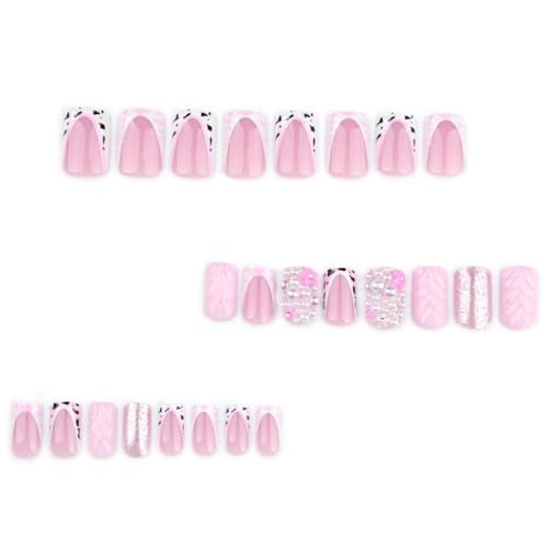 Foccna French Press on Nails Medium Long Pink Fake Nails Square Bling Glossy 3D Flower Design False Nail Tips Artificial Nails Finger Manicure for Women and Girls24pcs - Image 3