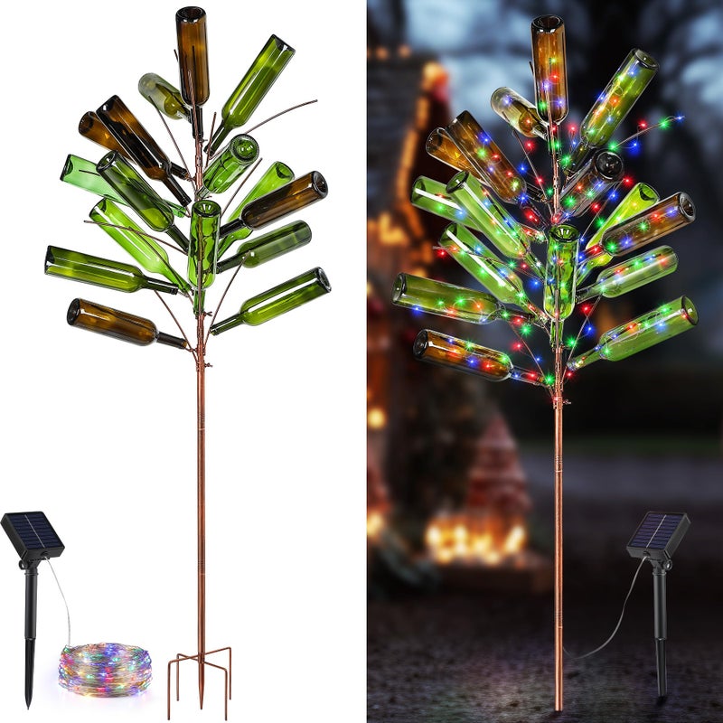 Meonum Bottle Tree with Solar Light Metal Classic Glass Bottle Tree 61 Garden Wine Stand Colorful Outdoor Holder for Fall Harvest  Halloween Yard Decor Holds 24 Glass BottlesBronze