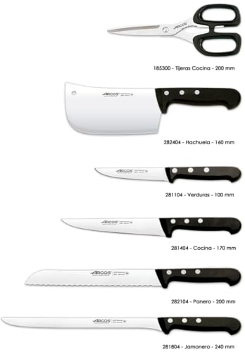 ARCOS Knife Set 6 pieces Nitrum Stainless Steel. 3760 gr. Pine Wood Block. Ergonomic Polyoxymethylene POM Handle. Series Universal. Greater control. Color Black. - Image 2