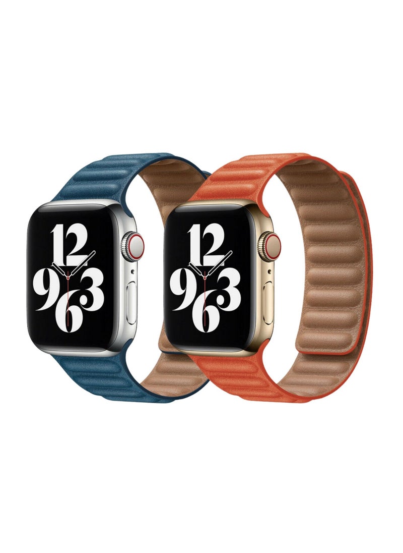 YOMNA For Apple Watch Leather Link Band Strap iWatch Series 40/44/41/45mm Cape Cod Blue Strap with Rose Jupitur Orange Strap  - Image 1