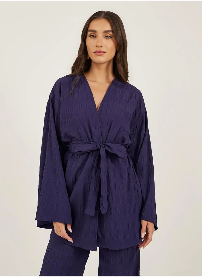 ستايلي Purple Textured Longline Kimono with Belt
