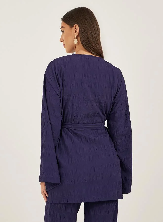 Styli Purple Textured Longline Kimono with Belt
