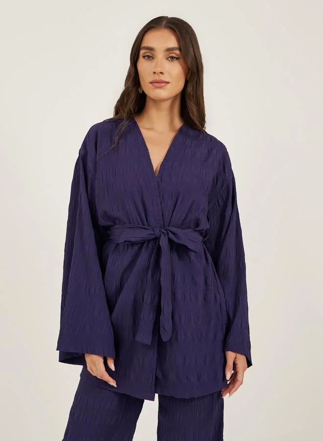 Styli Purple Textured Longline Kimono with Belt