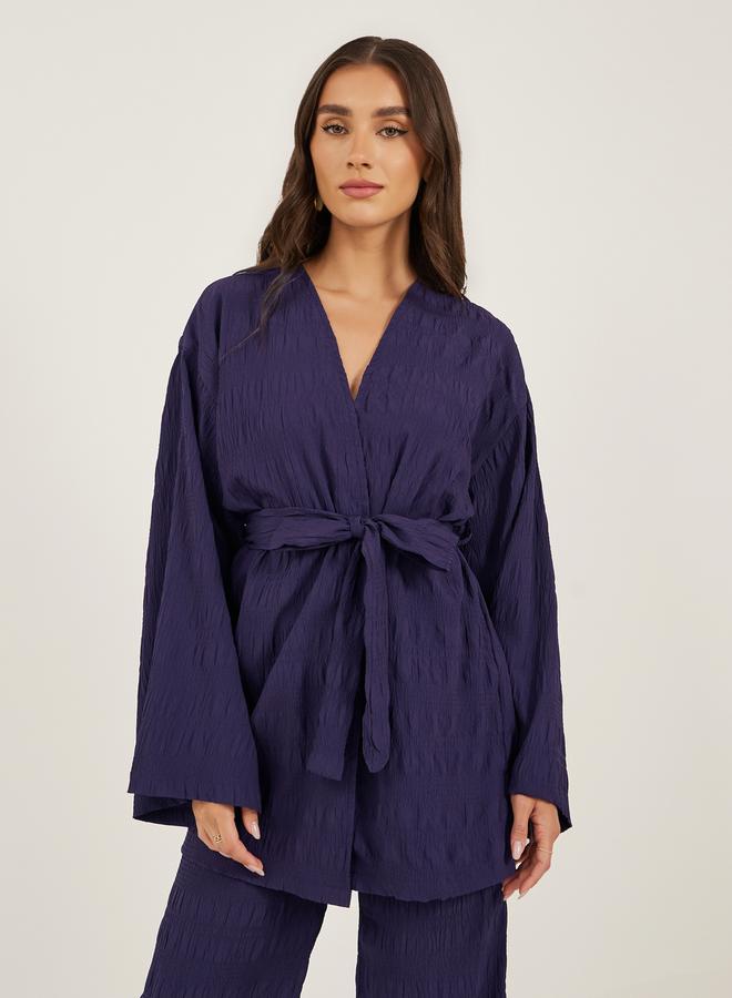 Styli Purple Textured Longline Kimono With Belt - Image 1