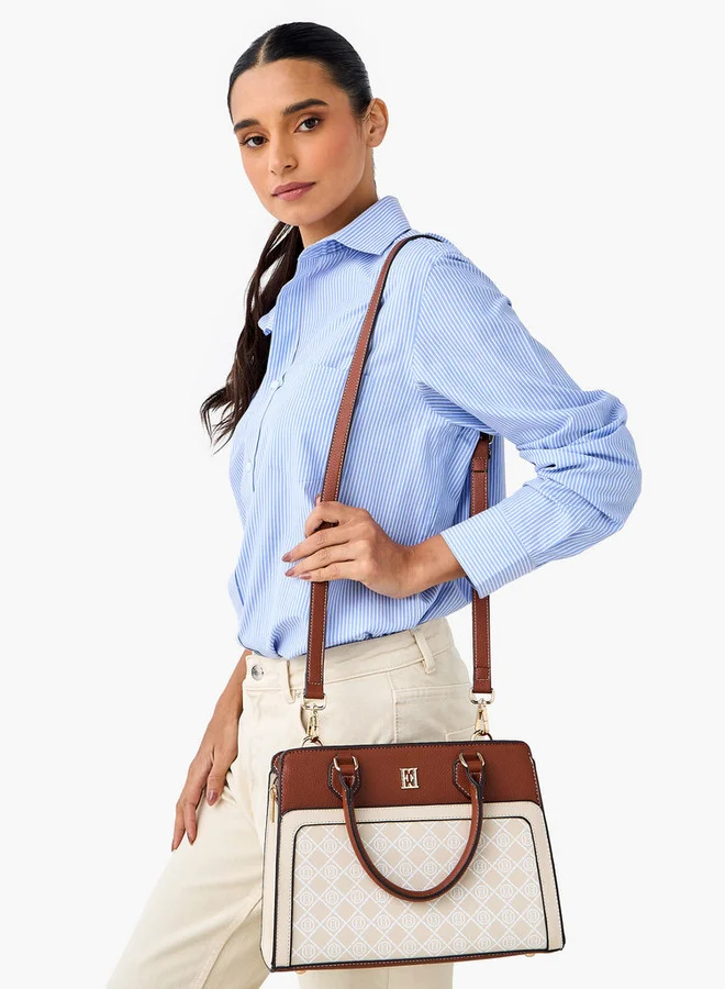 ELLE Monogram Print Tote Bag with Double Handle and Zip Closure