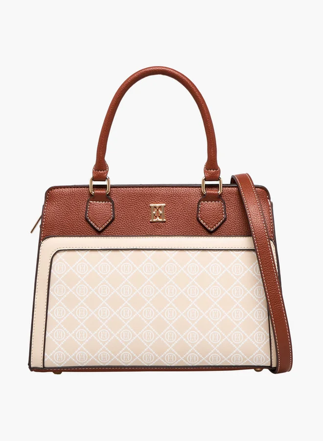 ELLE Monogram Print Tote Bag with Double Handle and Zip Closure