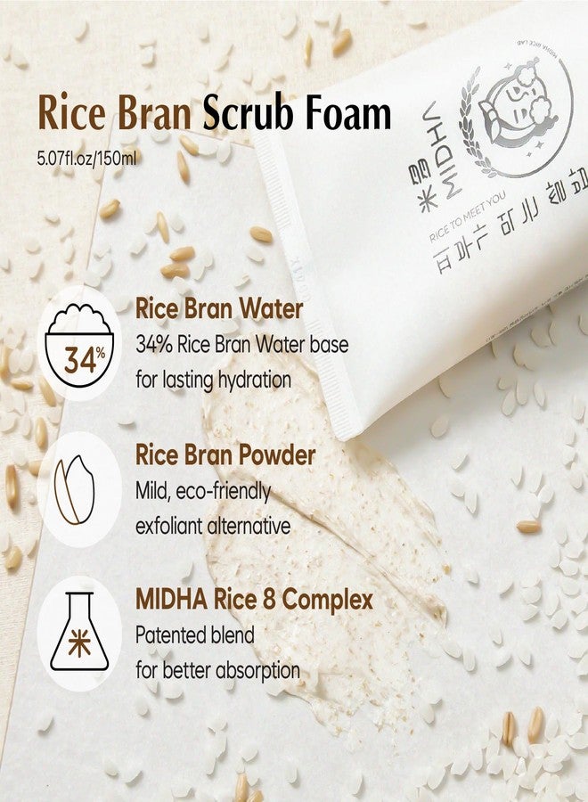 MIDHA RICE BRAN SCRUB FOAM 5.07fl.oz/150ml, Deep Cleansing, Pore-Purifying, Gentle Exfoliating - Soft Micro-Foam Face Wash with Balanced pH & Hydrating, Nourishing Care - Image 2