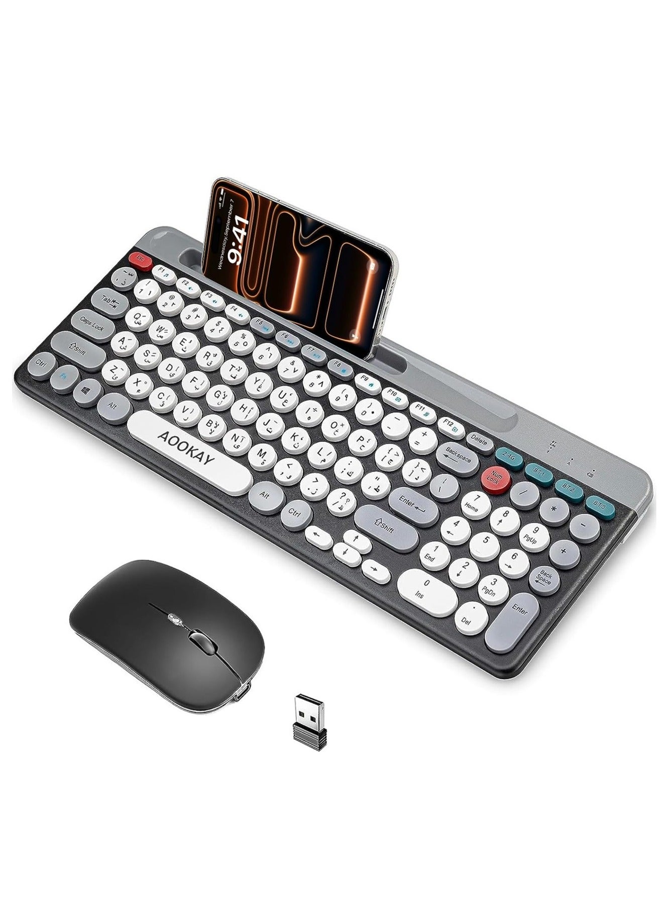 Arabic & English Wireless Keyboard and Mouse Combo, Multi-Device (Bluetooth+2.4G) Keyboard Mouse with Phone Tablet Holder, Full-Sized Typewriter Cordless Keyboard and Mouse for Computer/Laptop (Black)