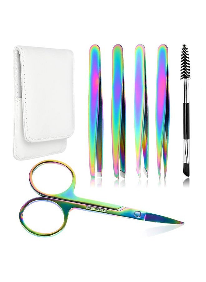 ACTROL Rainbow Eyebrow Tweezers Set Pack of 6 Stainless Steel for Women Scissors Brush Precision Slant Pointed Tweezers Kit for Splinter Ingrown Facial Hair Removal with Leather Case Gift - Image 1