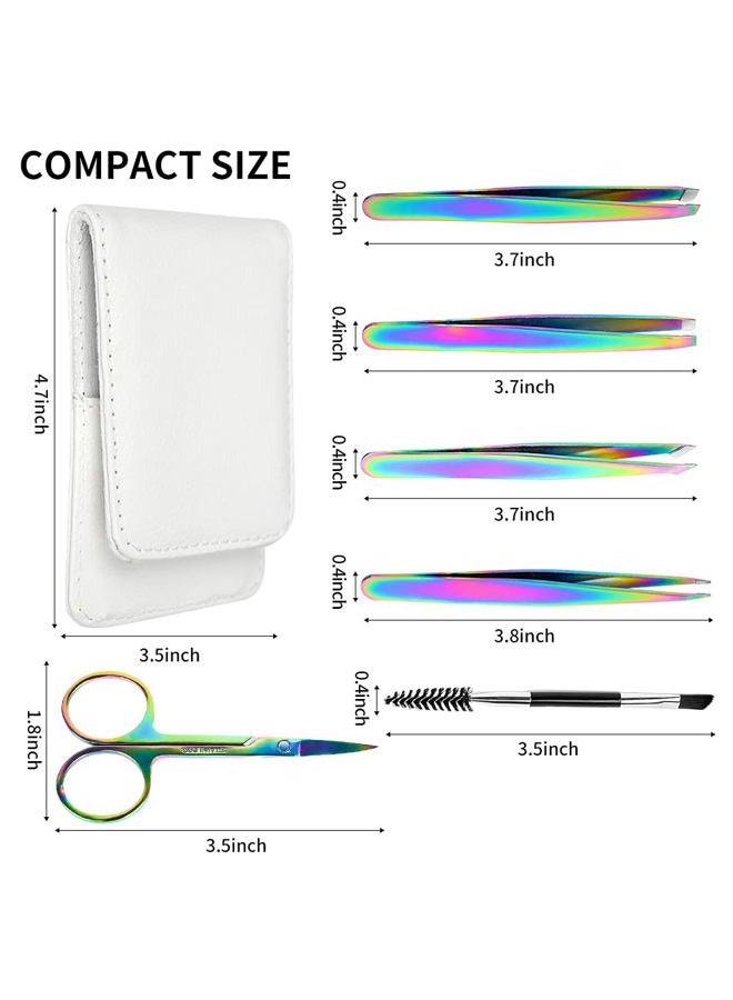 ACTROL Rainbow Eyebrow Tweezers Set Pack of 6 Stainless Steel for Women Scissors Brush Precision Slant Pointed Tweezers Kit for Splinter Ingrown Facial Hair Removal with Leather Case Gift - Image 5