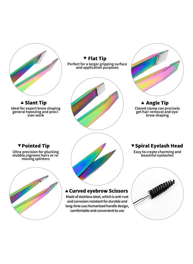 ACTROL Rainbow Eyebrow Tweezers Set Pack of 6 Stainless Steel for Women Scissors Brush Precision Slant Pointed Tweezers Kit for Splinter Ingrown Facial Hair Removal with Leather Case Gift - Image 3