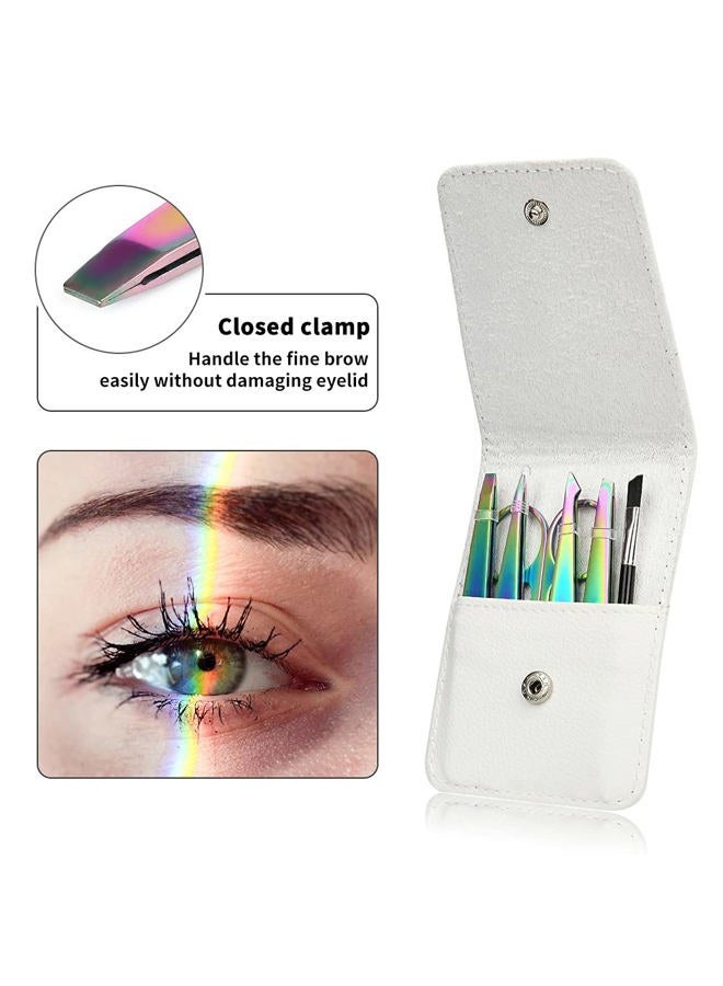 ACTROL Rainbow Eyebrow Tweezers Set Pack of 6 Stainless Steel for Women Scissors Brush Precision Slant Pointed Tweezers Kit for Splinter Ingrown Facial Hair Removal with Leather Case Gift - Image 2