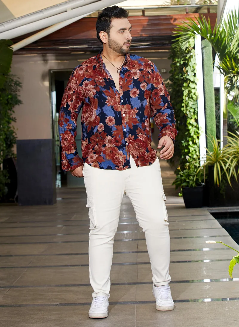 Instafab Plus  Men's Brown & Black Floral Overlap Shirt For Casual Wear | Spread Collar | Long Cuffed Sleeves | Button Closure | Plus Size Shirt Crafted With Comfort Fit For Everyday Wear for Men | Best Price UAE