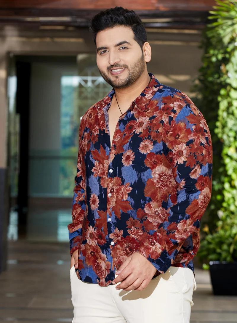 Instafab Plus  Men's Brown & Black Floral Overlap Shirt For Casual Wear | Spread Collar | Long Cuffed Sleeves | Button Closure | Plus Size Shirt Crafted With Comfort Fit For Everyday Wear for Men | Best Price UAE