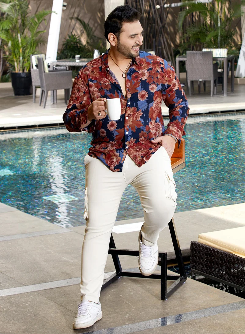 Instafab Plus  Men's Brown & Black Floral Overlap Shirt For Casual Wear | Spread Collar | Long Cuffed Sleeves | Button Closure | Plus Size Shirt Crafted With Comfort Fit For Everyday Wear for Men | Best Price UAE