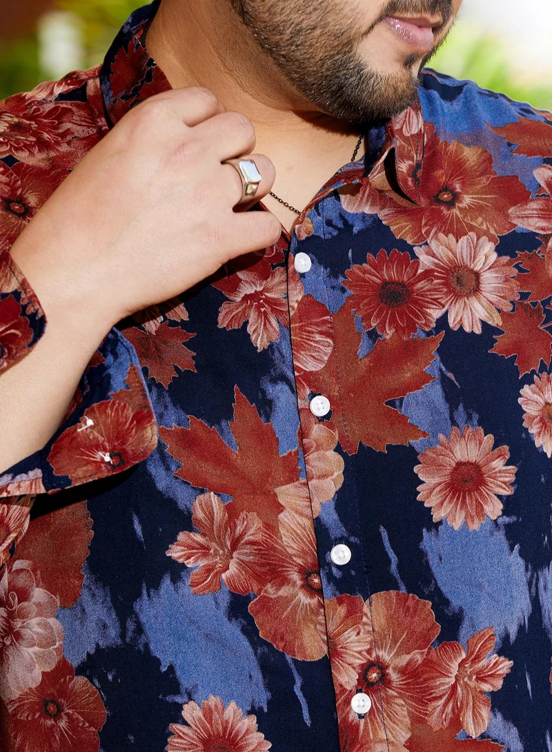 Instafab Plus  Men's Brown & Black Floral Overlap Shirt For Casual Wear | Spread Collar | Long Cuffed Sleeves | Button Closure | Plus Size Shirt Crafted With Comfort Fit For Everyday Wear for Men | Best Price UAE