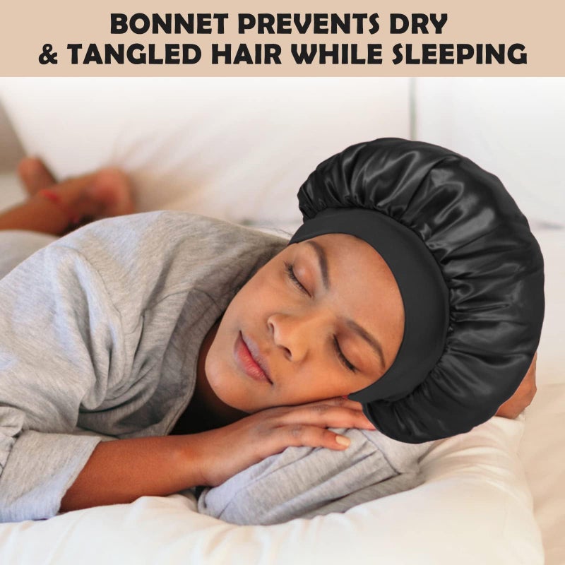 ZHENSILK 2Pcs Silk Bonnet for Sleeping, Satin Hair Bonnets, Soft Elastic Band Silk Sleep Cap, Hair Wrap for Women(Black) - Image 2