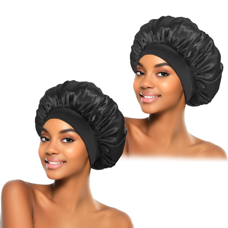 ZHENSILK 2Pcs Silk Bonnet for Sleeping, Satin Hair Bonnets, Soft Elastic Band Silk Sleep Cap, Hair Wrap for Women(Black) - Image 1
