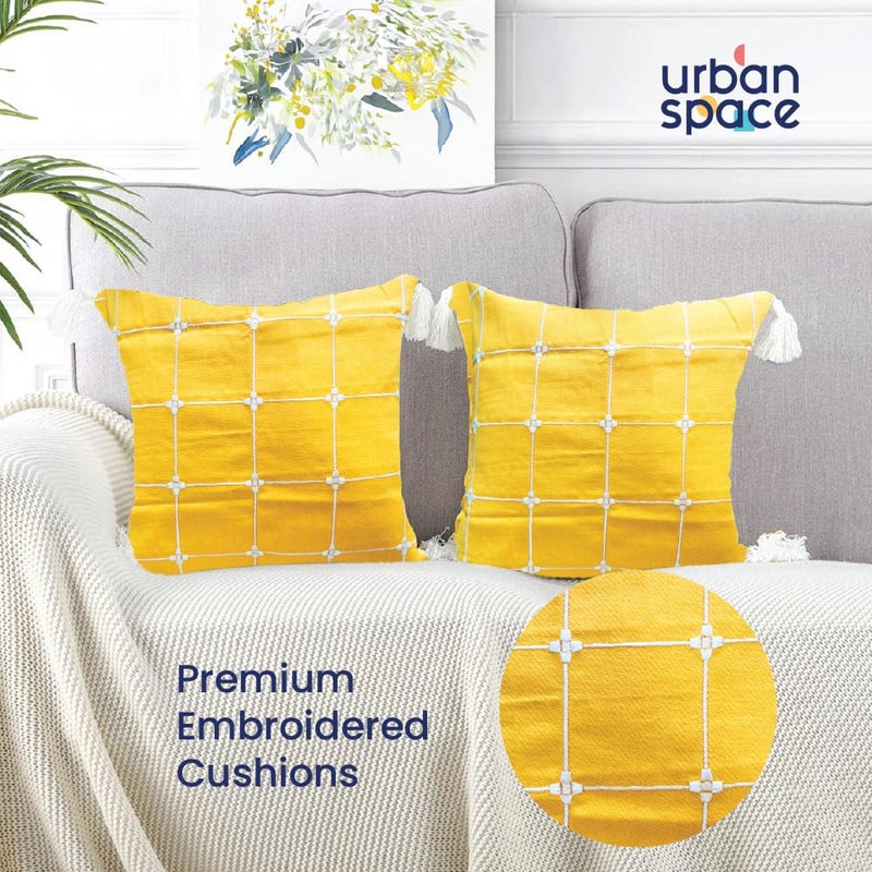 Urban Space Embroidered Cotton Cushion Cover Set of 2 16 inch x 16 inch Cushion Covers for Sofa Bedroom Living Room Aura Checks Yellow Cushion Cover 40cm x 40cm Set of 2 - Image 2