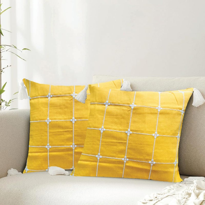 Urban Space Embroidered Cotton Cushion Cover Set of 2 16 inch x 16 inch Cushion Covers for Sofa Bedroom Living Room Aura Checks Yellow Cushion Cover 40cm x 40cm Set of 2 - Image 1