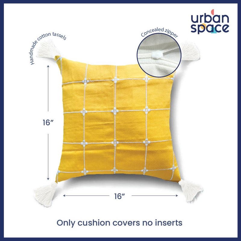Urban Space Embroidered Cotton Cushion Cover Set of 2 16 inch x 16 inch Cushion Covers for Sofa Bedroom Living Room Aura Checks Yellow Cushion Cover 40cm x 40cm Set of 2 - Image 4