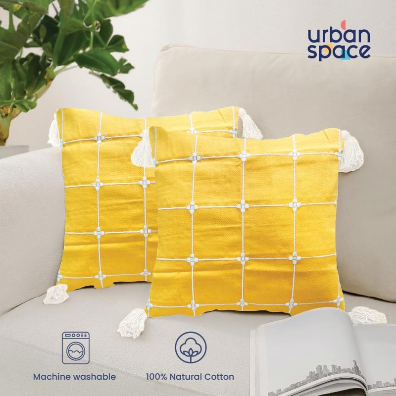 Urban Space Embroidered Cotton Cushion Cover Set of 2 16 inch x 16 inch Cushion Covers for Sofa Bedroom Living Room Aura Checks Yellow Cushion Cover 40cm x 40cm Set of 2 - Image 3