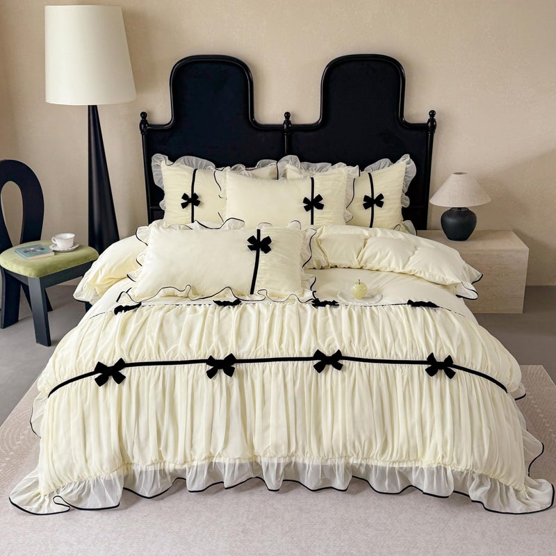 SOUKECHY Ruffle Beddding Set with Bowtie,Chic Lace Bedding,Girls Twin Aesthetic Comforter Cover Set,Romantic French Princess Style Ruffled Duvet Cover with Lovely Bow with Zipper Closure - Image 1
