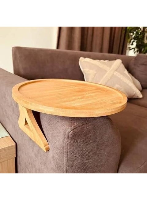A natural wood side sofa table with a sleek and modern design, easily attaches to the arm of the sofa to provide an ideal surface for drinks, snacks, or your phone.