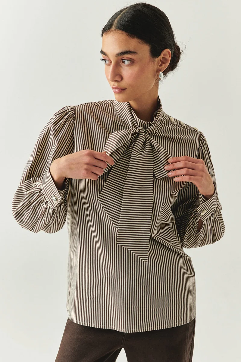 EXQUISE Striped Long-Sleeved Brown Blouse with Button Detail on the Shoulder and Scarf