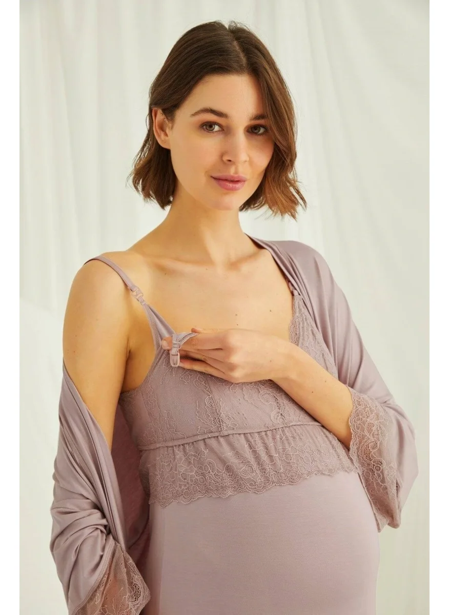 Monamise Women's Mink Adjustable Strap Breastfeeding Lace Maternity Maternity Dressing Gown Nightgown Set