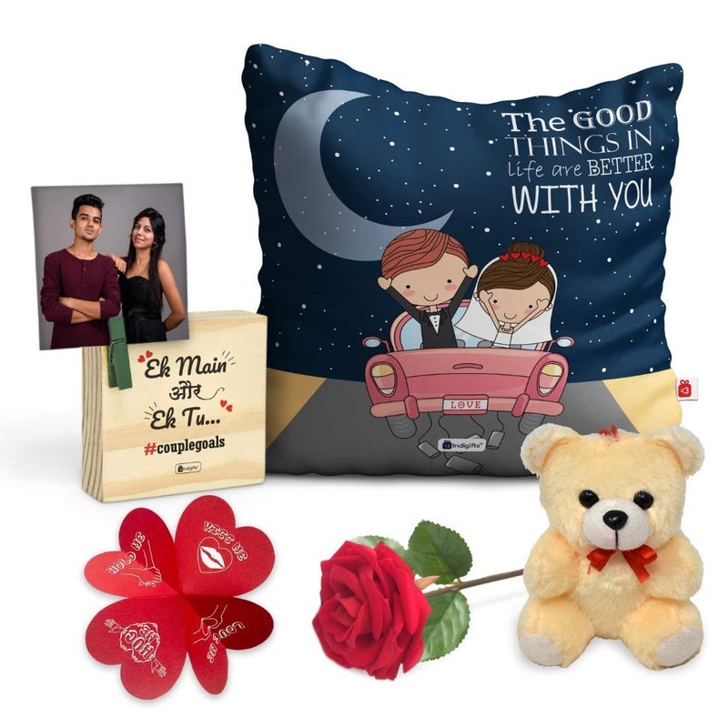 Indigifts Indigifts Valentine Gift Hamper Conjugated Fiber Cushion Cover with Filler Combo Black 12x 12 inches Wooden Frame Rose Greeting Card Teddy Soft Poly Satin Black Color Cotton Overlap Envelop - Image 2