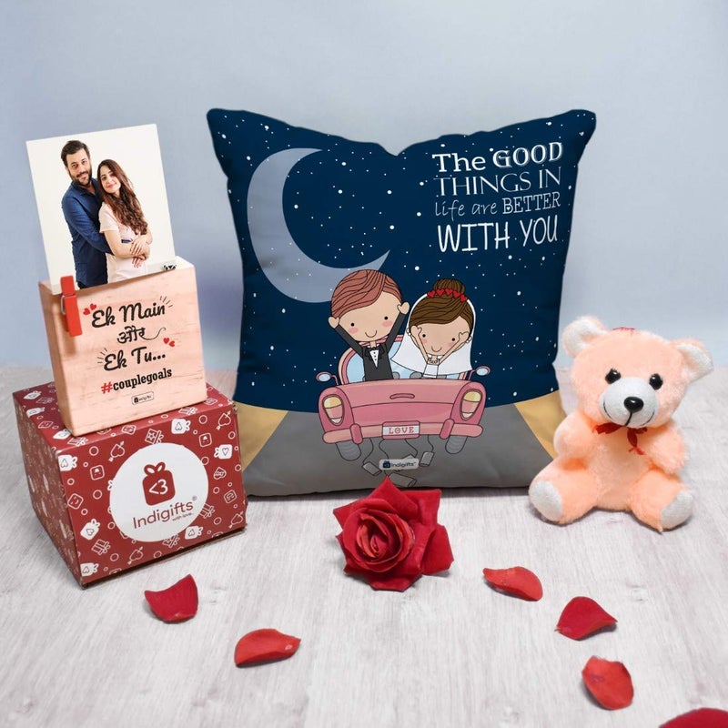 Indigifts Indigifts Valentine Gift Hamper Conjugated Fiber Cushion Cover with Filler Combo Black 12x 12 inches Wooden Frame Rose Greeting Card Teddy Soft Poly Satin Black Color Cotton Overlap Envelop - Image 1