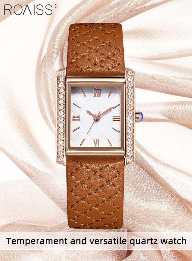 رويس ساعة كوارتز نسائية بحزام جلدي بقرص نسيج المعين مع إطار مزخرف بأحجار الراين، ساعة يد بسيطة عصرية مقاومة للماء كهدية للسيدات - Image 3