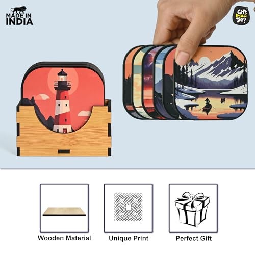 Gift Kya De GKD Coaster Set of 6 Nature Theme Design Wooden Coasters to Serve Tea Cups, Coffee Mugs and Glasses (3.5 x 3.5 inch) (Nature) (Ecofriendly) - Image 4