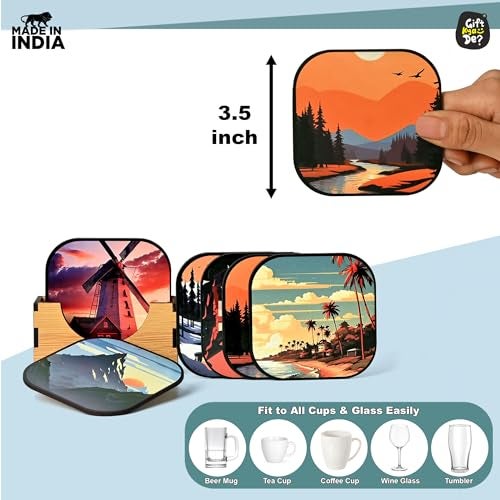 Gift Kya De GKD Coaster Set of 6 Nature Theme Design Wooden Coasters to Serve Tea Cups, Coffee Mugs and Glasses (3.5 x 3.5 inch) (Nature) (Ecofriendly) - Image 3