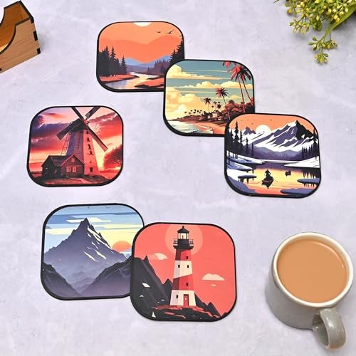 Gift Kya De GKD Coaster Set of 6 Nature Theme Design Wooden Coasters to Serve Tea Cups, Coffee Mugs and Glasses (3.5 x 3.5 inch) (Nature) (Ecofriendly) - Image 1